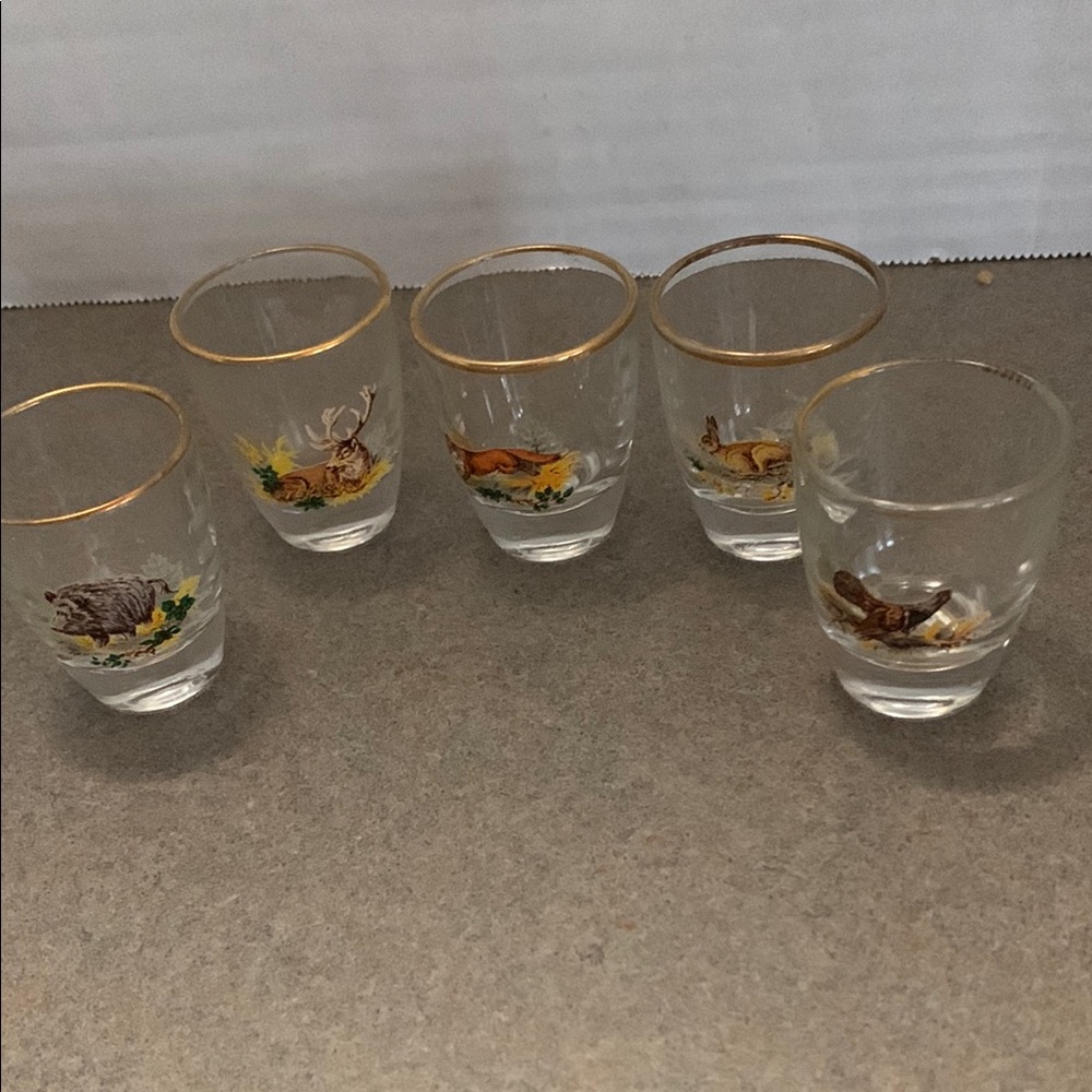 Set of 5 Vintage Animal-Themed Shot Glasses with Gold Rim